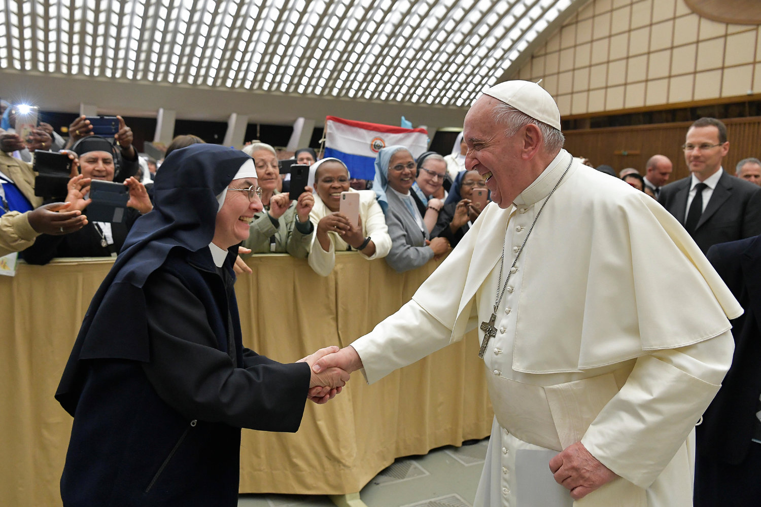 Pope Francis greets a nun during a meeting with 850 superiors general May 10, 2019, at the Vatican, who were in Rome for the plenary assembly of the International Union of Superiors General. The organization represents more than 450,000 women religious in more than 100 countries.